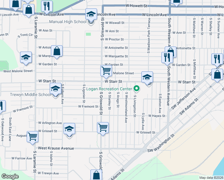map of restaurants, bars, coffee shops, grocery stores, and more near 1415 South Arago Street in Peoria