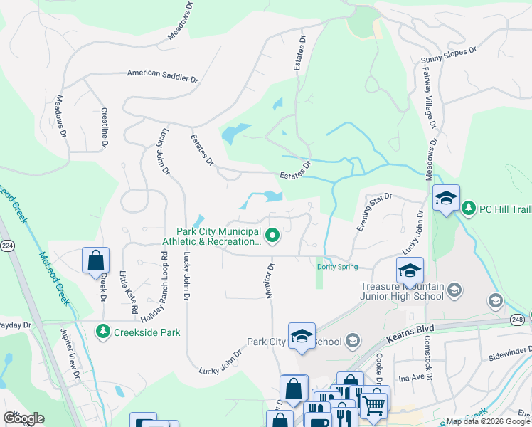 map of restaurants, bars, coffee shops, grocery stores, and more near 107 Segura Court in Park City