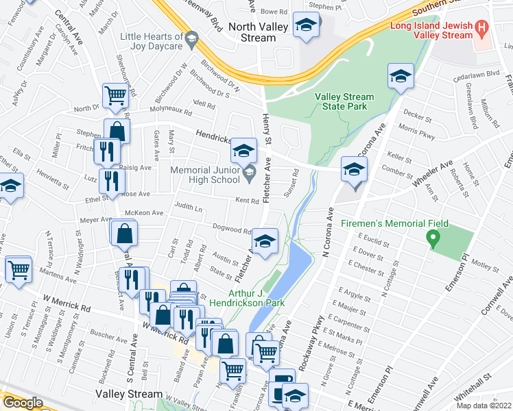 map of restaurants, bars, coffee shops, grocery stores, and more near 15 Highland Road in Valley Stream