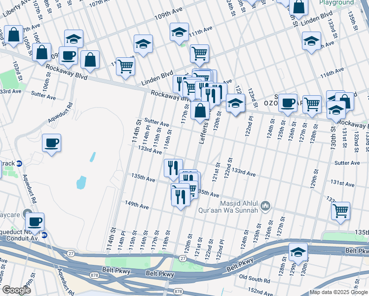 map of restaurants, bars, coffee shops, grocery stores, and more near 130-59 118th Street in Queens