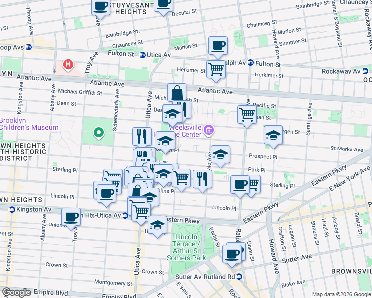 map of restaurants, bars, coffee shops, grocery stores, and more near 1505 Park Place in Brooklyn