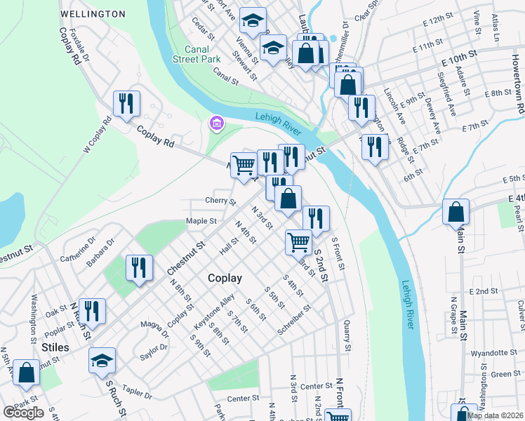 map of restaurants, bars, coffee shops, grocery stores, and more near 26 North 3rd Street in Coplay
