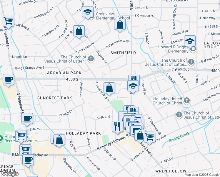 map of restaurants, bars, coffee shops, grocery stores, and more near 2199 Carriage Lane in Holladay