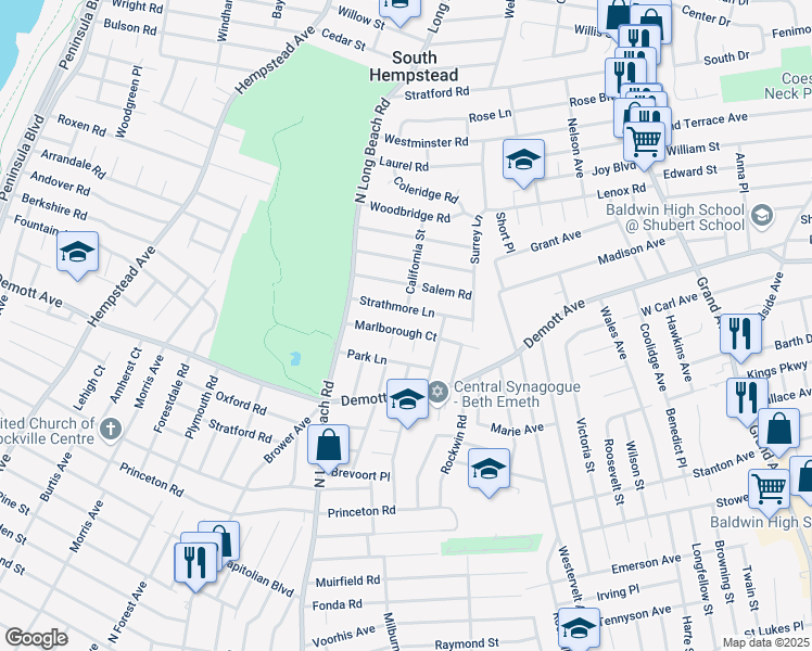 map of restaurants, bars, coffee shops, grocery stores, and more near 43 Park Lane in Rockville Centre