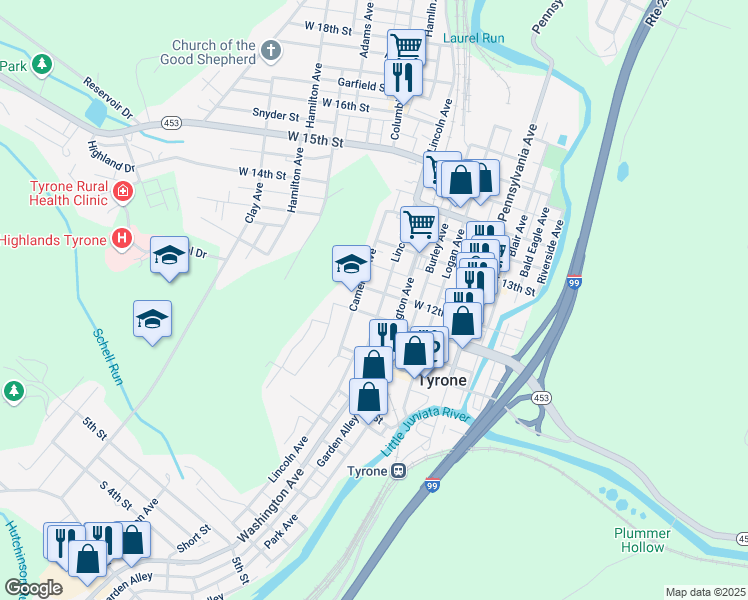 map of restaurants, bars, coffee shops, grocery stores, and more near 1057-1061 Lincoln Avenue in Tyrone