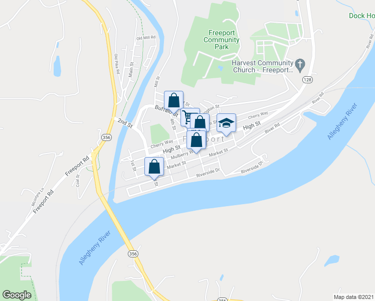 map of restaurants, bars, coffee shops, grocery stores, and more near 408 High Street in Freeport