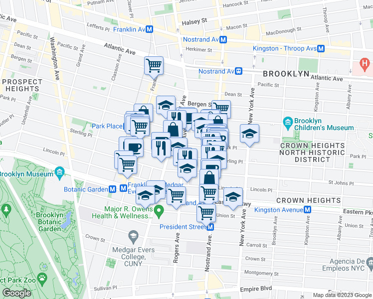 map of restaurants, bars, coffee shops, grocery stores, and more near 125 Rogers Avenue in Brooklyn
