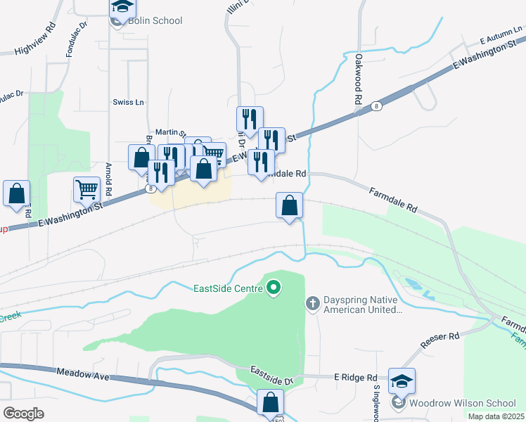 map of restaurants, bars, coffee shops, grocery stores, and more near 255 Cilco Lane in East Peoria