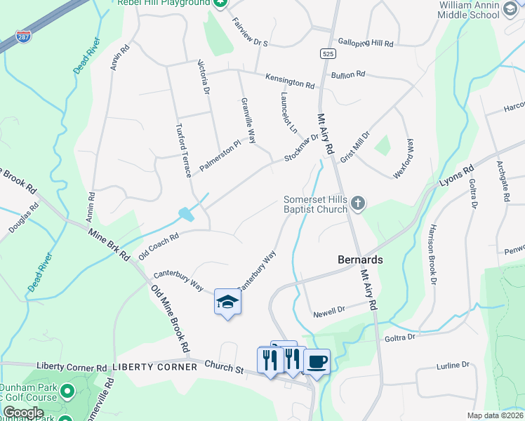 map of restaurants, bars, coffee shops, grocery stores, and more near 51 Canterbury Way in Basking Ridge