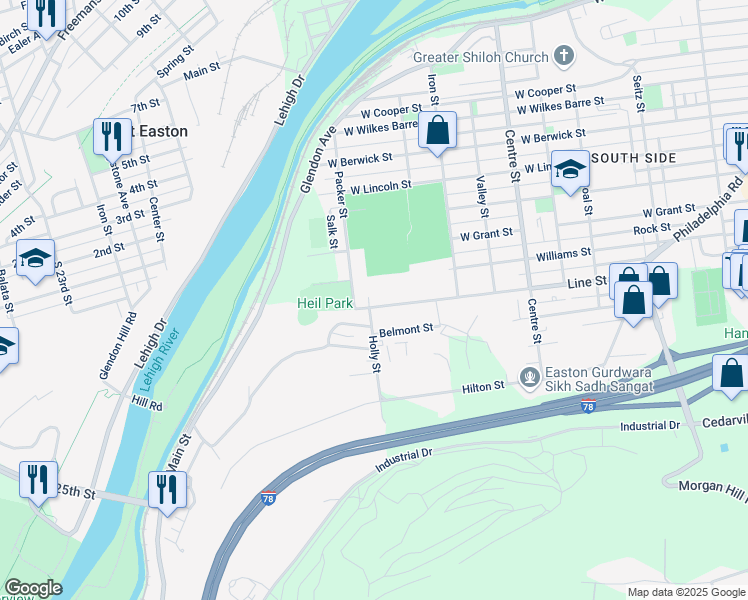 map of restaurants, bars, coffee shops, grocery stores, and more near 906 Line Street in Easton