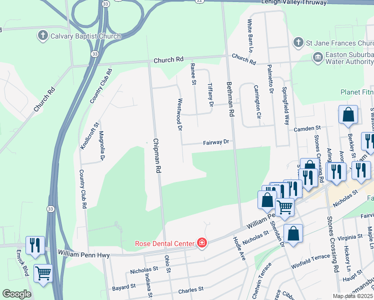 map of restaurants, bars, coffee shops, grocery stores, and more near 4470 Fairway Drive in Easton