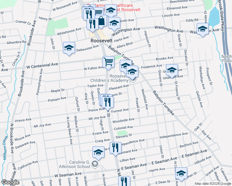 map of restaurants, bars, coffee shops, grocery stores, and more near 37 Davis Street in Roosevelt