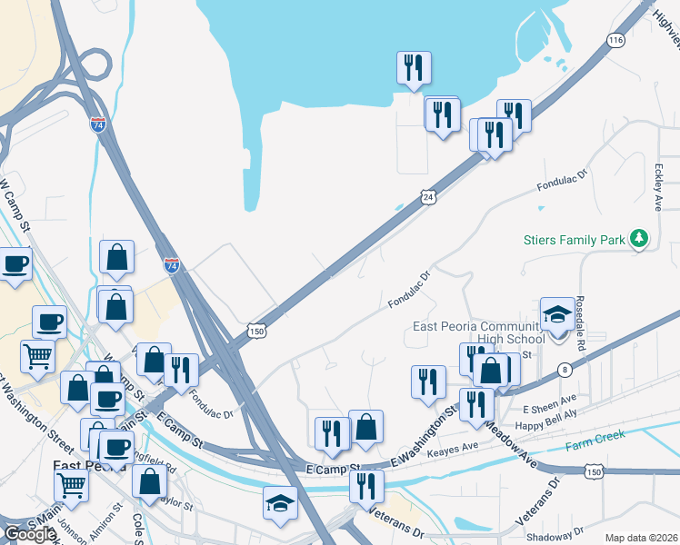 map of restaurants, bars, coffee shops, grocery stores, and more near 726 North Main Street in East Peoria