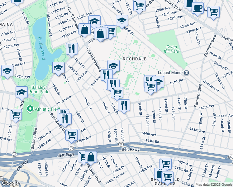 map of restaurants, bars, coffee shops, grocery stores, and more near 134-43 Guy R Brewer Boulevard in Queens