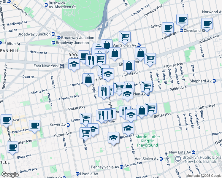 map of restaurants, bars, coffee shops, grocery stores, and more near 214 Granville Payne Avenue in Brooklyn
