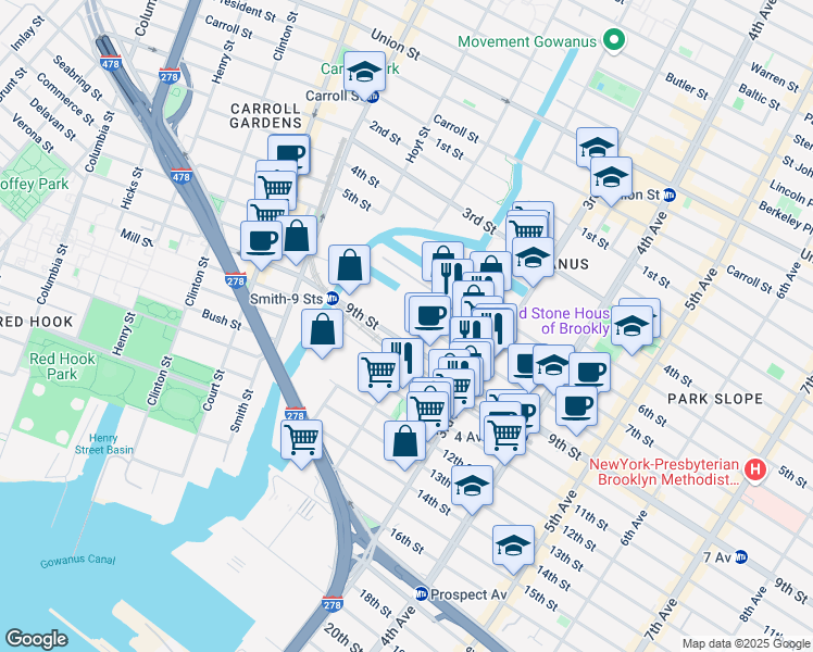 map of restaurants, bars, coffee shops, grocery stores, and more near 104 9th Street in Brooklyn