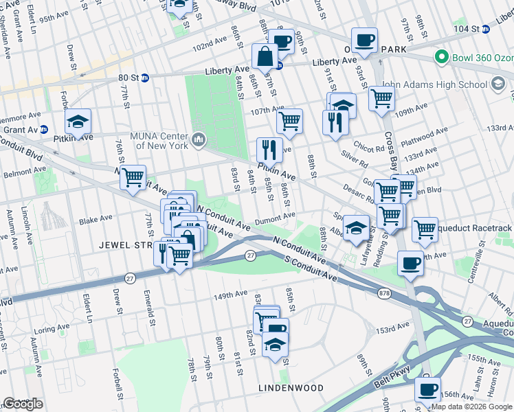 map of restaurants, bars, coffee shops, grocery stores, and more near 133-47 83rd Street in Queens