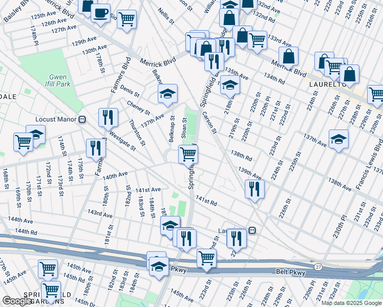 map of restaurants, bars, coffee shops, grocery stores, and more near 139-04 Springfield Boulevard in Queens