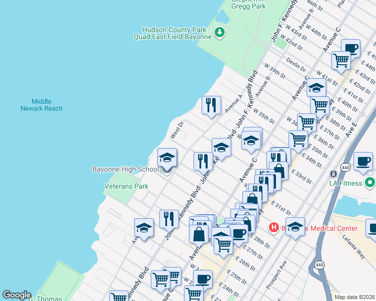 map of restaurants, bars, coffee shops, grocery stores, and more near Avenue A & West 31st Street in Bayonne