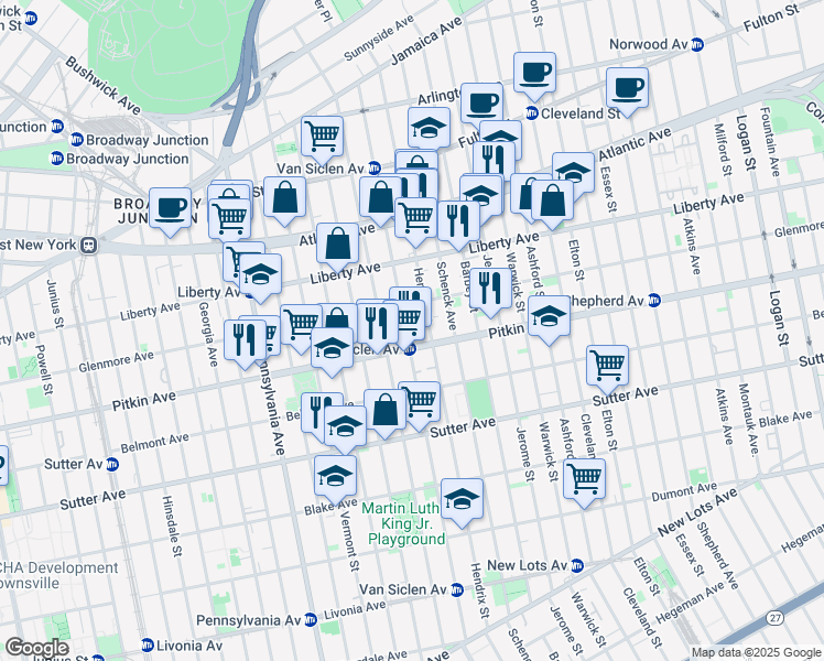 map of restaurants, bars, coffee shops, grocery stores, and more near 277 Van Siclen Avenue in Brooklyn