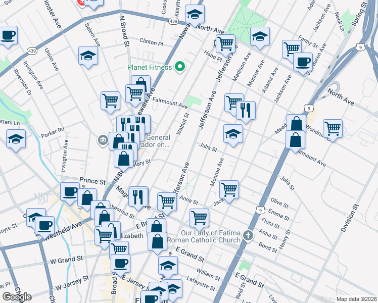 map of restaurants, bars, coffee shops, grocery stores, and more near 513 Jefferson Avenue in Elizabeth