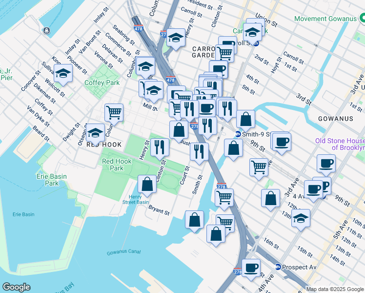 map of restaurants, bars, coffee shops, grocery stores, and more near 183 Lorraine Street in Brooklyn