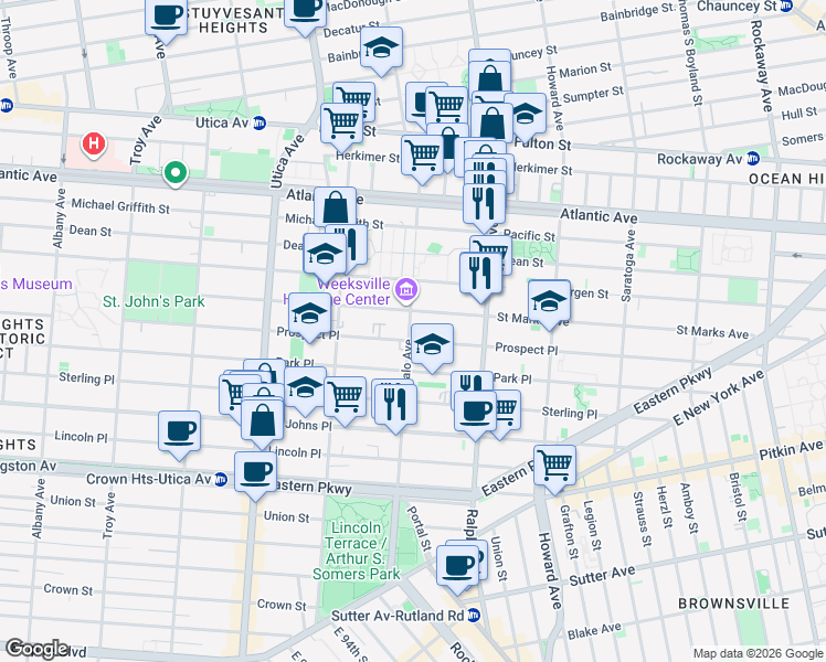 map of restaurants, bars, coffee shops, grocery stores, and more near 177 Buffalo Avenue in Brooklyn