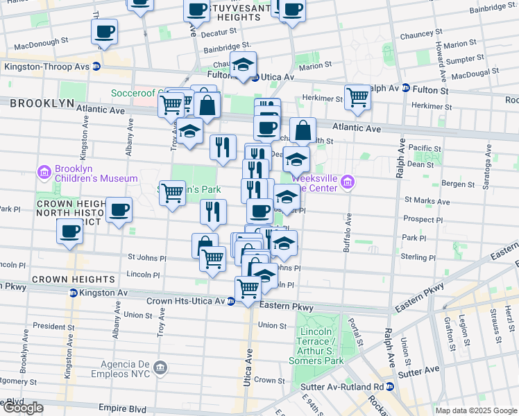 map of restaurants, bars, coffee shops, grocery stores, and more near Utica Ave & Prospect Pl in Brooklyn