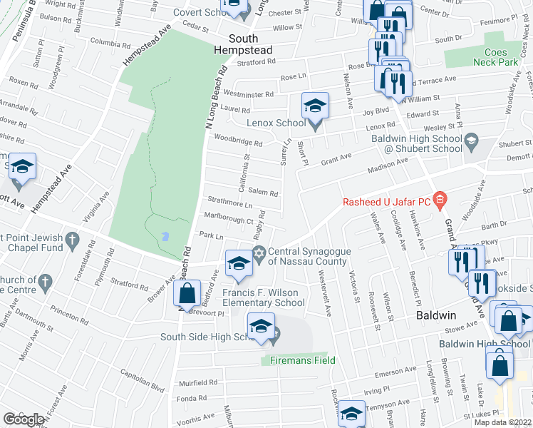 map of restaurants, bars, coffee shops, grocery stores, and more near 102 Strathmore Lane in Rockville Centre
