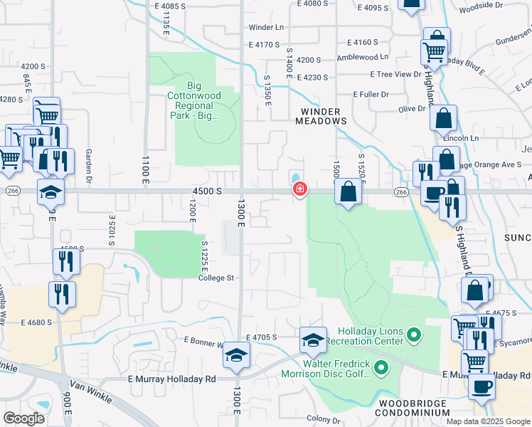 map of restaurants, bars, coffee shops, grocery stores, and more near 1380 East 4500 South in Millcreek