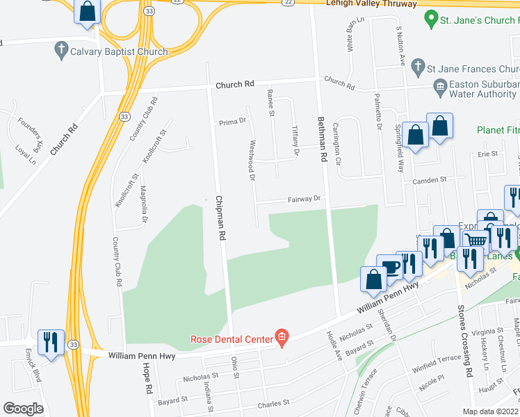 map of restaurants, bars, coffee shops, grocery stores, and more near 4470 Fairway Drive in Easton