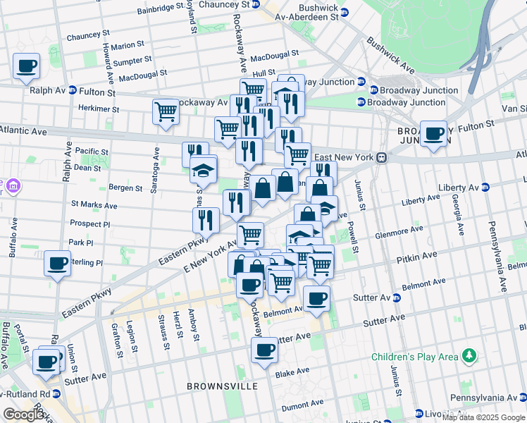 map of restaurants, bars, coffee shops, grocery stores, and more near 1788 Eastern Parkway in Brooklyn