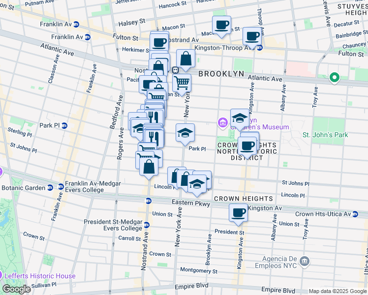 map of restaurants, bars, coffee shops, grocery stores, and more near 911 Park Place in Brooklyn