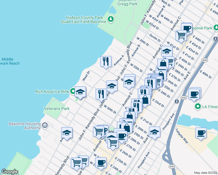 map of restaurants, bars, coffee shops, grocery stores, and more near 135-137 West 32nd Street in Bayonne