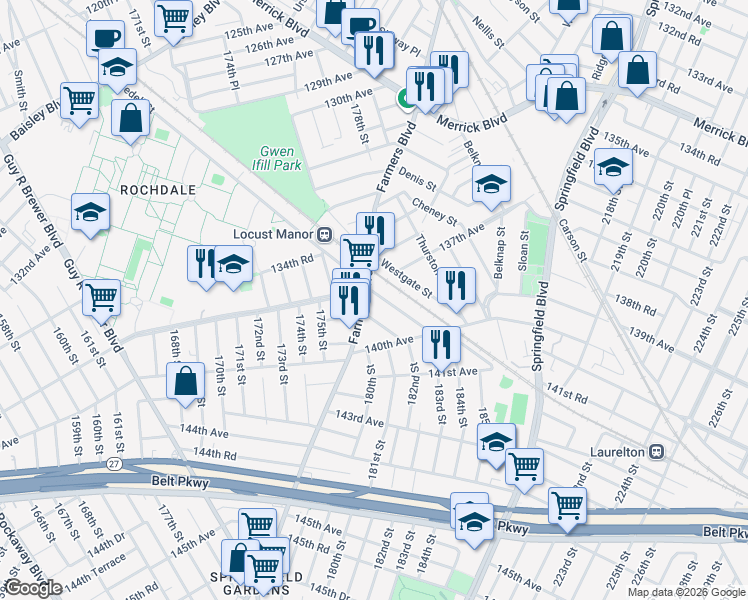 map of restaurants, bars, coffee shops, grocery stores, and more near in Queens