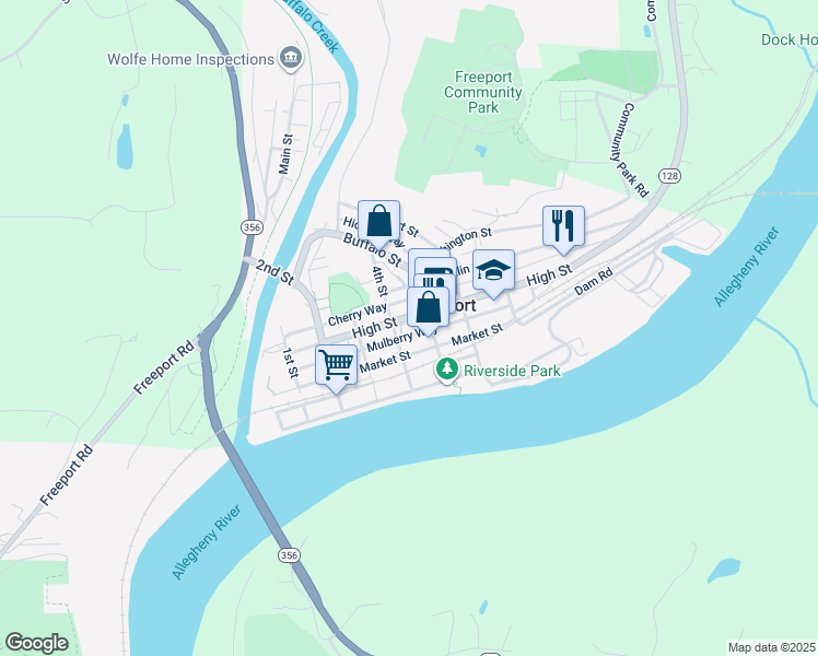 map of restaurants, bars, coffee shops, grocery stores, and more near 408 High Street in Freeport