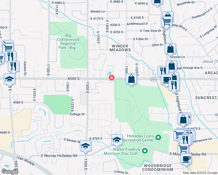 map of restaurants, bars, coffee shops, grocery stores, and more near 1434 East 4500 South in Millcreek