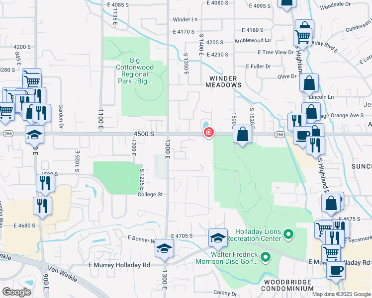 map of restaurants, bars, coffee shops, grocery stores, and more near 1380 East 4500 South in Millcreek