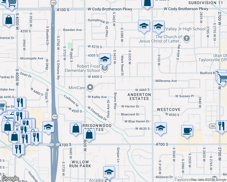 map of restaurants, bars, coffee shops, grocery stores, and more near 3447 West San Carlos Drive in West Valley City