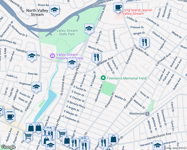 map of restaurants, bars, coffee shops, grocery stores, and more near 295 North Cottage Street in Valley Stream