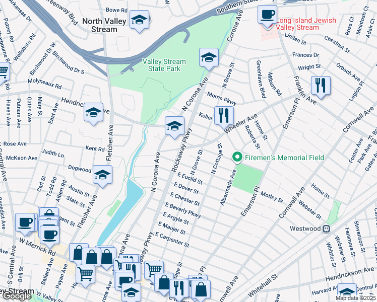 map of restaurants, bars, coffee shops, grocery stores, and more near 321 Rockaway Parkway in Valley Stream