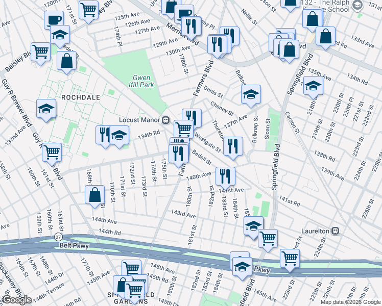 map of restaurants, bars, coffee shops, grocery stores, and more near in Queens