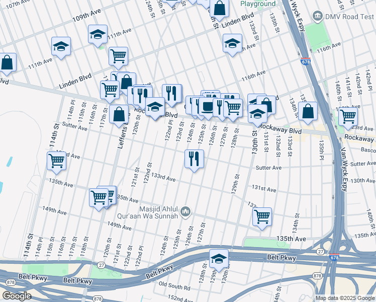 map of restaurants, bars, coffee shops, grocery stores, and more near 117-43 124th Street in Queens