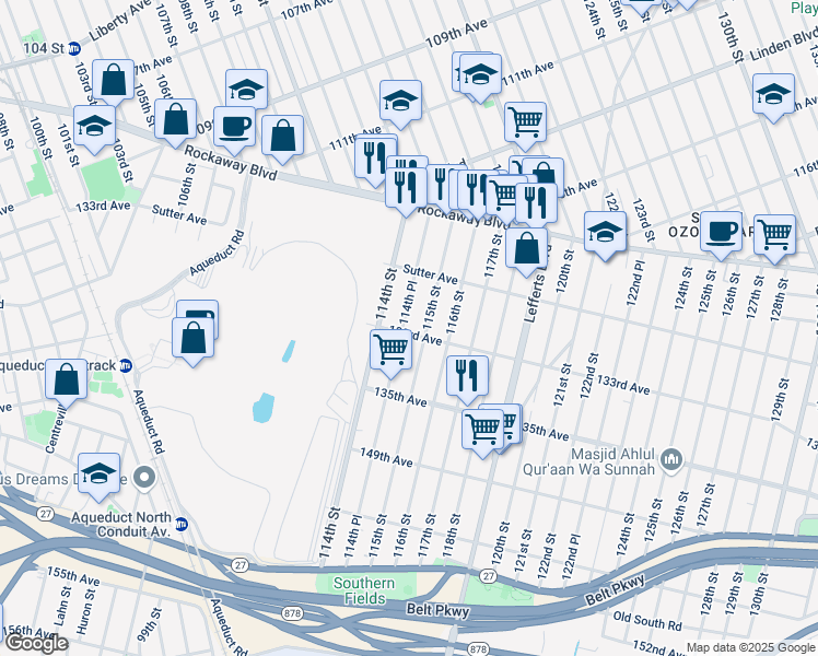 map of restaurants, bars, coffee shops, grocery stores, and more near 130-28 115th Street in Queens