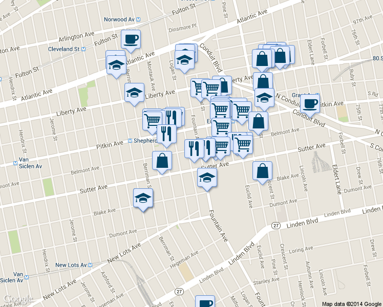 map of restaurants, bars, coffee shops, grocery stores, and more near 245 Fountain Avenue in Brooklyn