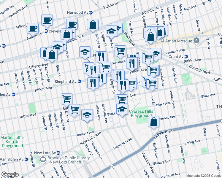 map of restaurants, bars, coffee shops, grocery stores, and more near 227 Milford Street in Brooklyn