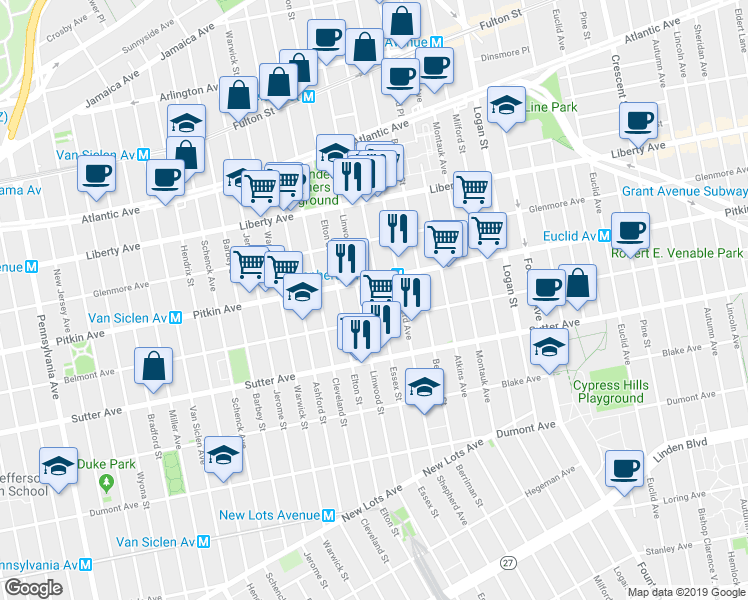 map of restaurants, bars, coffee shops, grocery stores, and more near 2437 Pitkin Avenue in Brooklyn