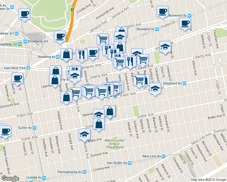 map of restaurants, bars, coffee shops, grocery stores, and more near 509 Glenmore Avenue in Brooklyn