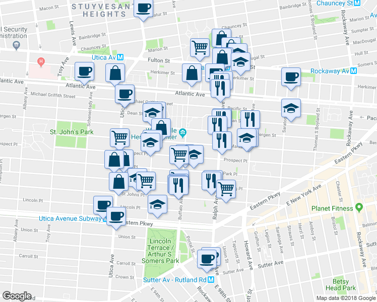 map of restaurants, bars, coffee shops, grocery stores, and more near 153 Buffalo Avenue in Brooklyn