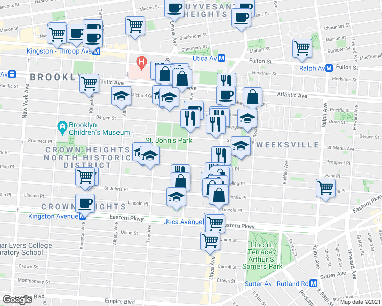 map of restaurants, bars, coffee shops, grocery stores, and more near 149 Schenectady Avenue in Brooklyn
